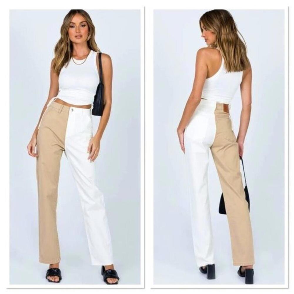 PRINCESS POLLY Kingston Wide Leg Two tone Mom Jeans Beige White Size 2 NWT